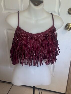 Med Cloud 10 Burgundy Rhinestone Fringe spaghetti strap crop top.